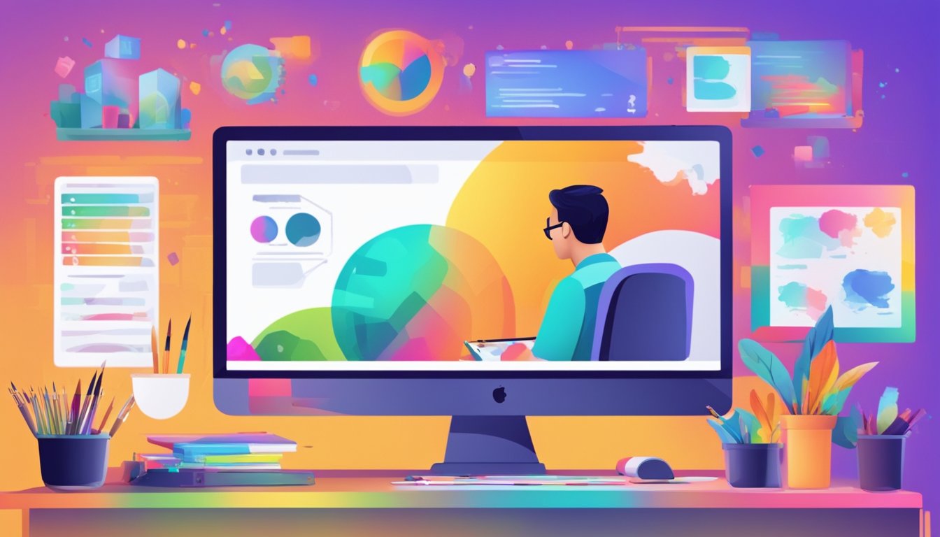A person is sitting at a desk, painting a website design on a computer screen. Bright colors and creative elements are visible on the screen