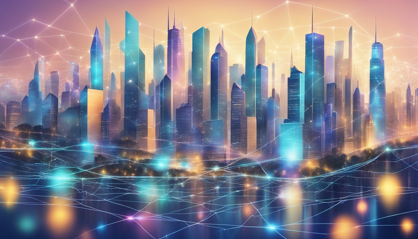 En futuristisk bysilhuett med sammenkoblede digitale nettverk og datastreams, som symboliserer forretningsstrategi og digital forretningsutvikling