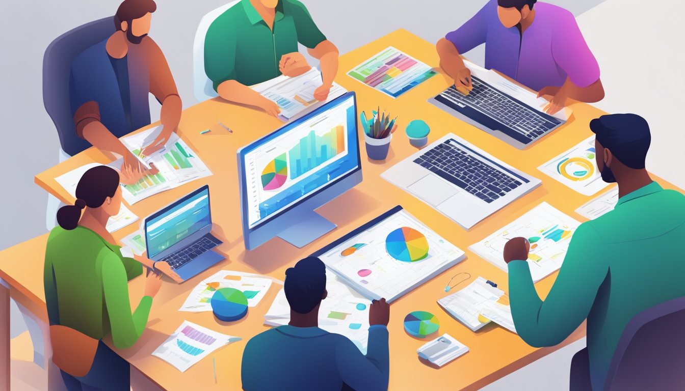 A team collaborates on a project, using digital tools and charts to optimize their workflow