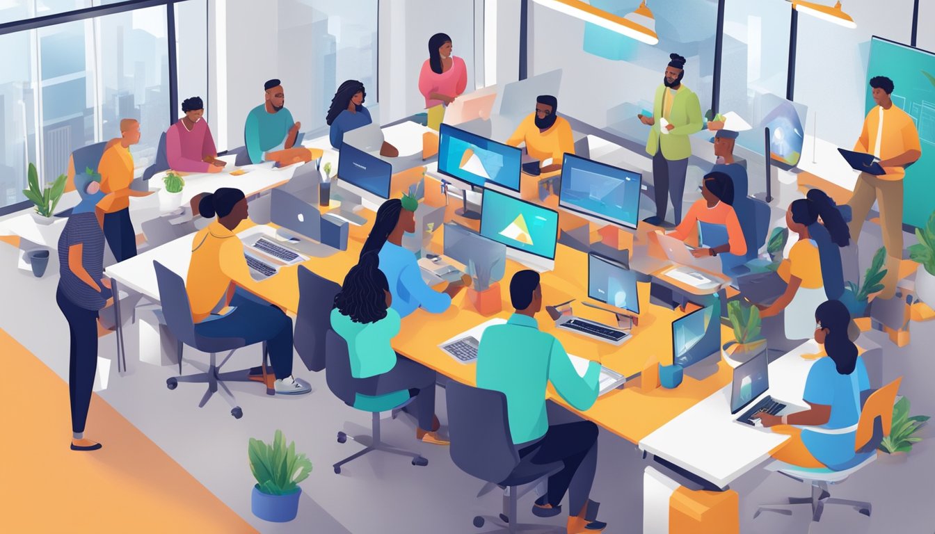A group of diverse individuals engage in collaborative learning and innovative thinking in a modern, vibrant workspace