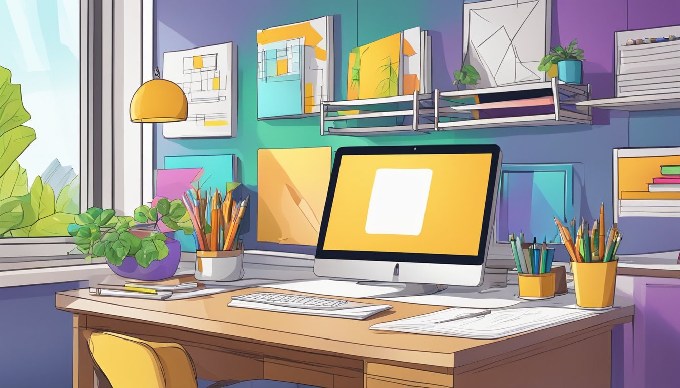 A modern office with computer, drawing tablet, and design books. Bright colors and creative artwork adorning the walls