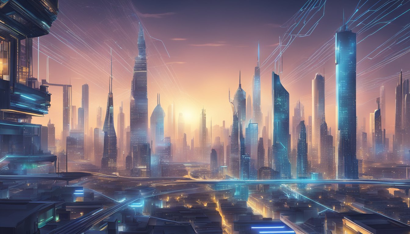 En futuristisk bysilhuett med sammenkoblede digitale nettverk og robotautomatisering