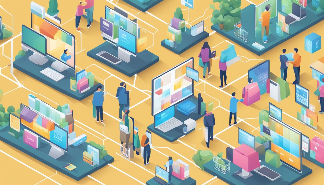 A network of distribution and sales channels, including retail stores, online platforms, and wholesalers, showcasing various products to potential customers