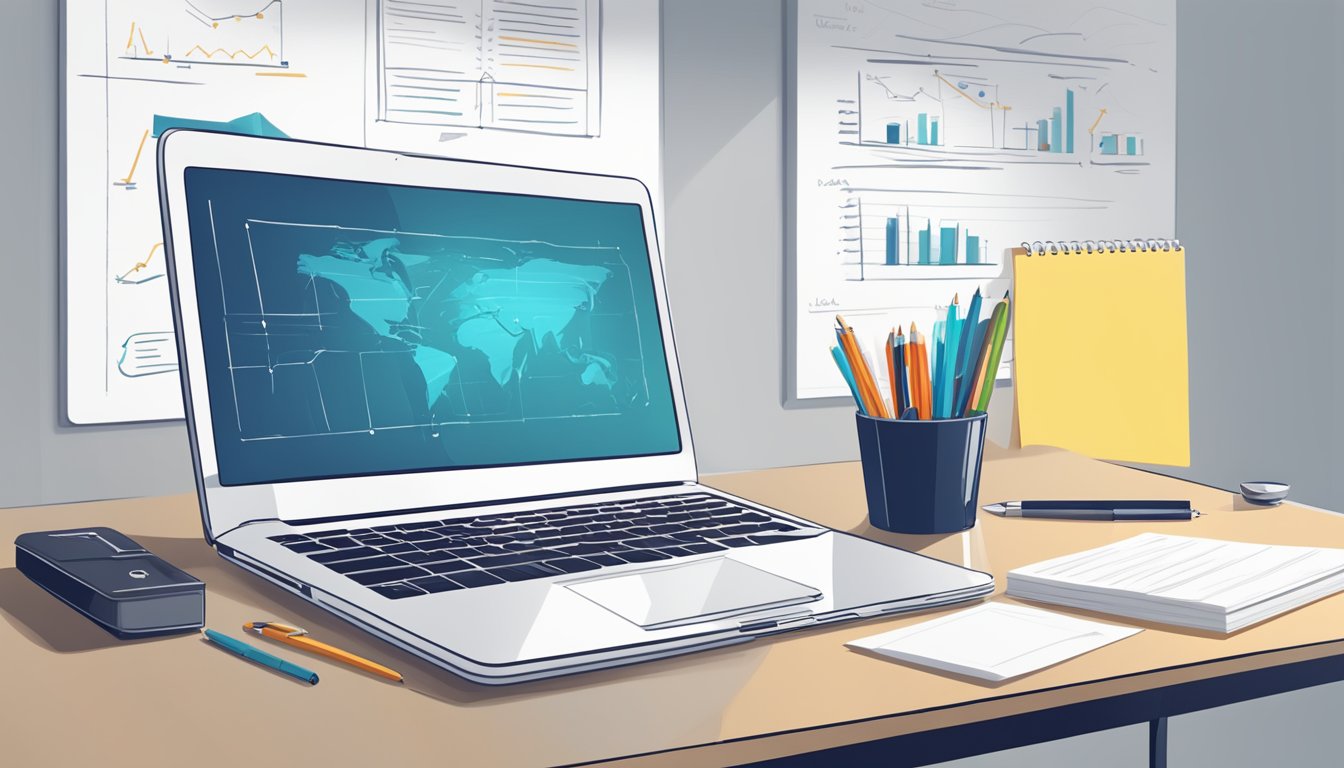 A desk with a laptop, notebook, and pen. A whiteboard with marketing strategy notes. Bright, modern office setting
