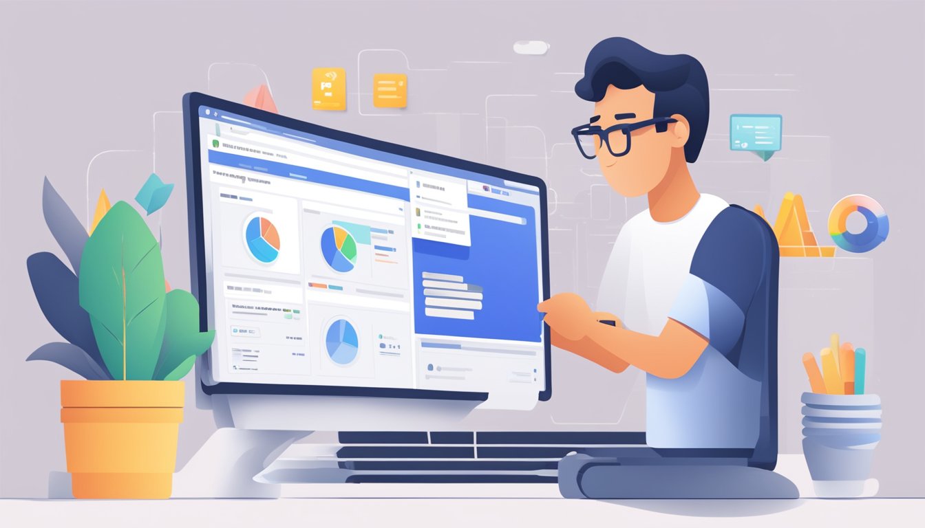 A person using a computer to create and manage Facebook ads in the Ads Manager interface