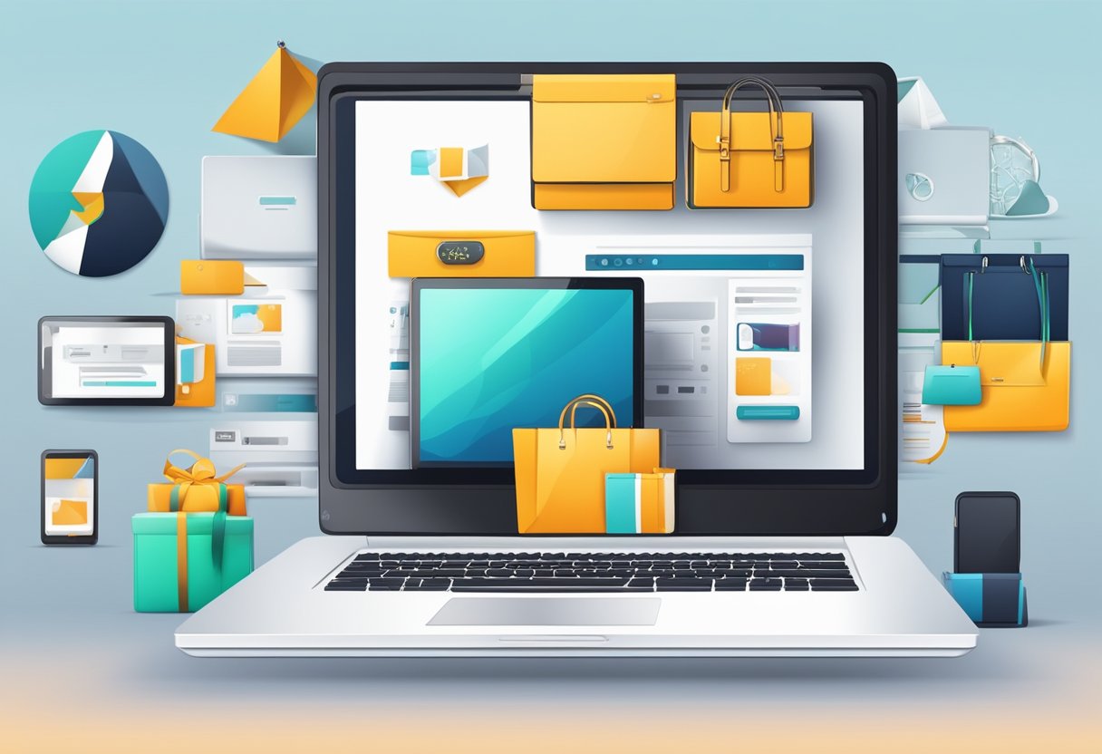 A laptop displaying a stylish online store with a logo and promotional banners. Products are arranged neatly with a focus on branding elements