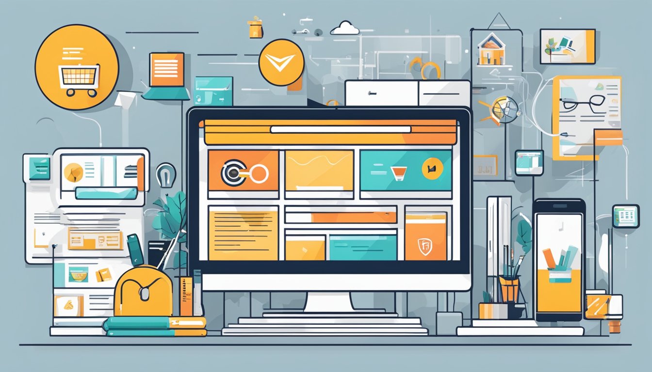 En nettbutikk med ulike produkter vist, omringet av markedsførings- og SEO-strategimaterialer