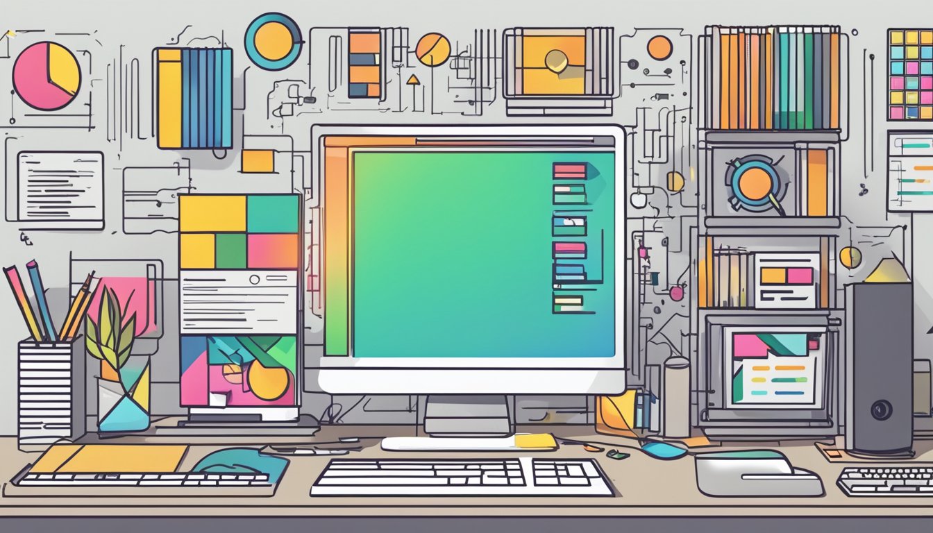 A computer with design software open, surrounded by graphic design elements and web technology icons