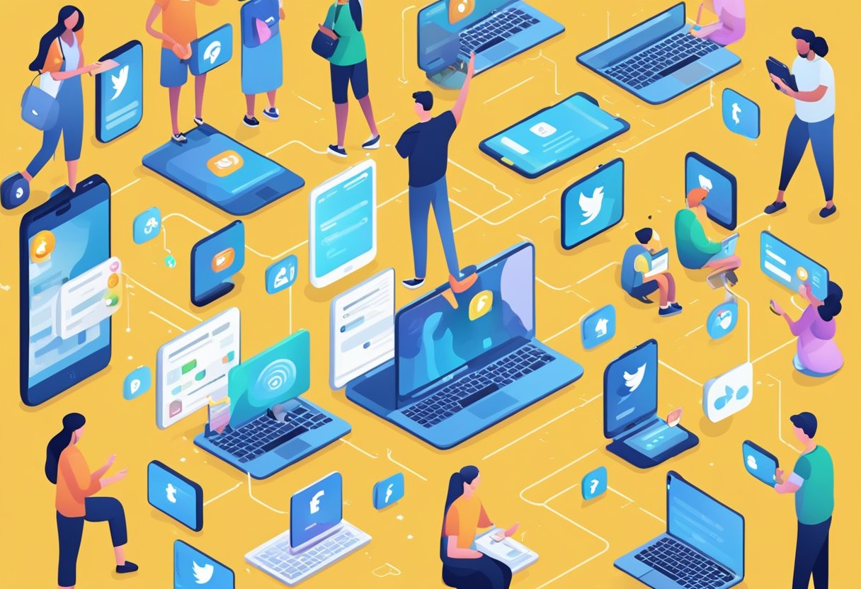 People interacting on social media, with various devices and platforms visible. Icons, emojis, and notifications fill the screen