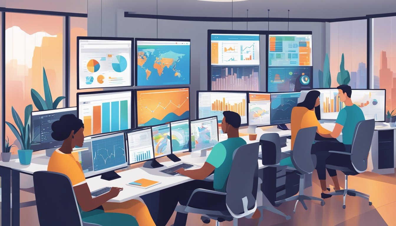 A busy marketing agency office with people collaborating, analyzing data, and strategizing. Computer screens show graphs and charts. The atmosphere is dynamic and focused