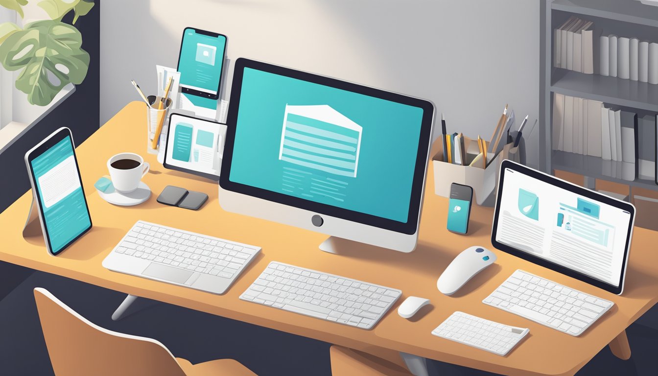 A mobile and tablet website being optimized, with various devices and screens arranged on a desk