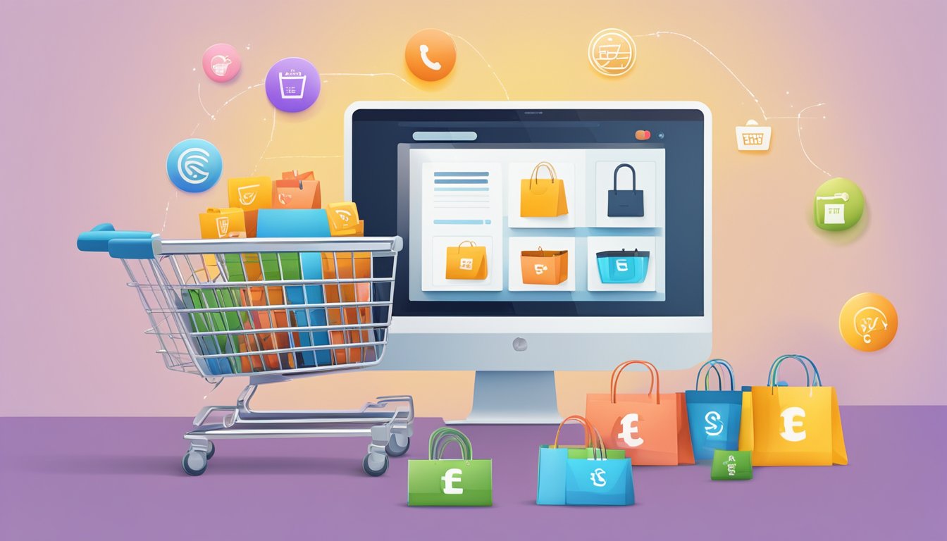 A computer screen displaying an e-commerce website with various products, a shopping cart icon, and a secure payment symbol