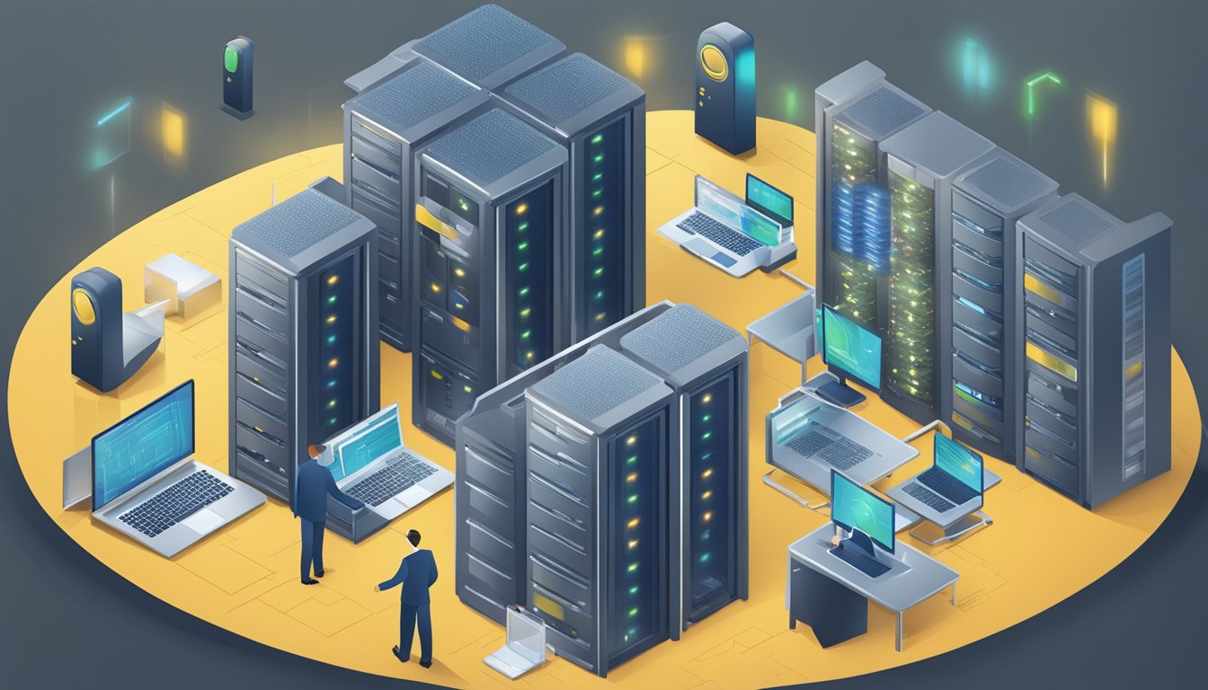 A computer server surrounded by security locks and a website being launched