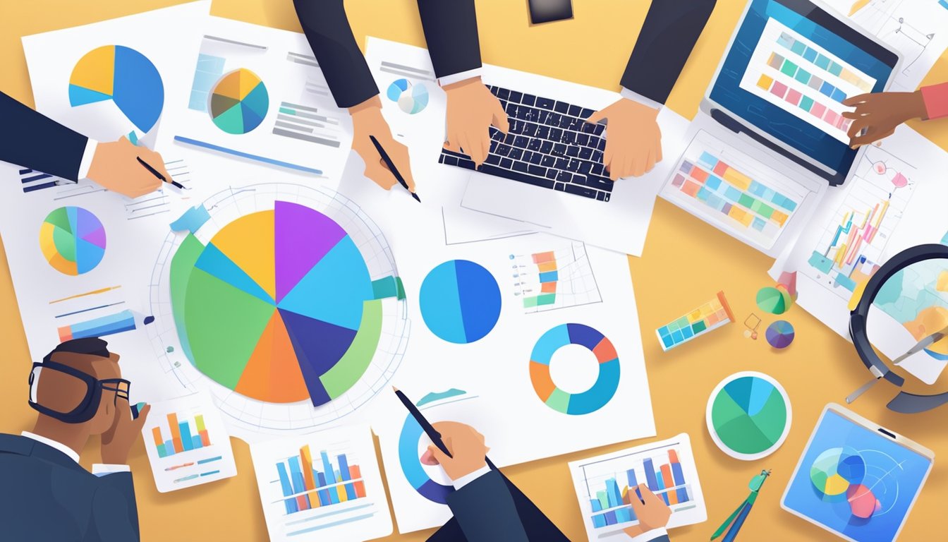 A team brainstorming with charts and graphs, surrounded by creative tools and technology