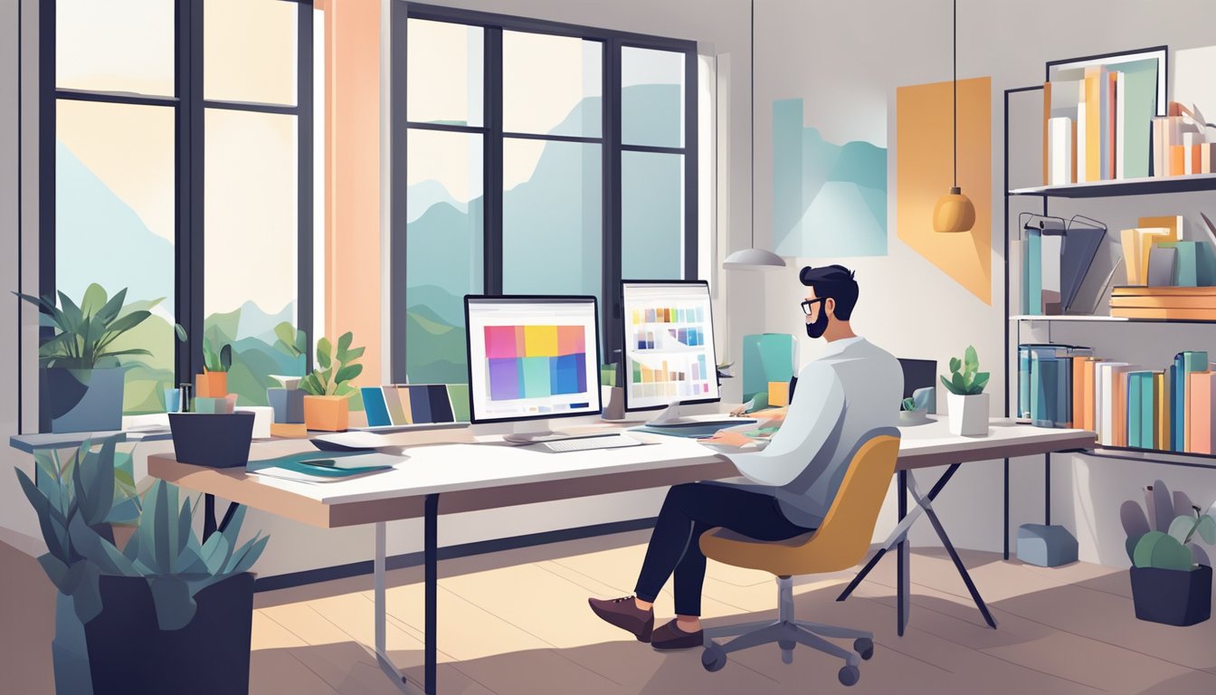 A grafiskdesigner at a desk with computer, tablet, and color swatches. Bright, modern workspace with natural light and minimalist decor