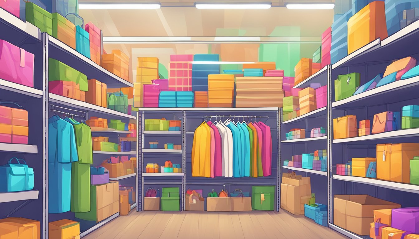 A colorful online marketplace with affordable products displayed on shelves, with a "cheap online store" sign hanging above