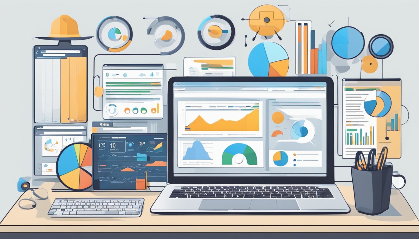 En bærbar datamaskin omgitt av forskjellige SEO-verktøy og analyse-diagrammer på et skrivebord i en moderne kontorinnstilling