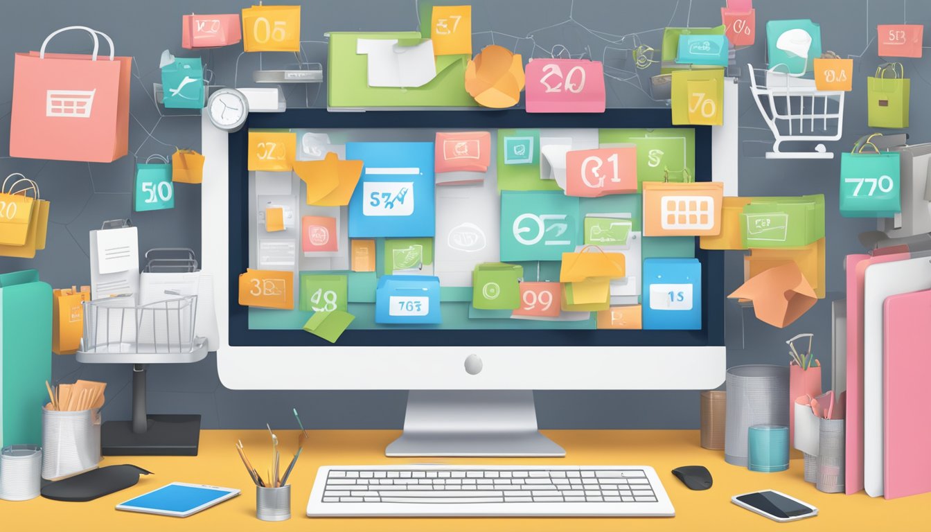 A cluttered online store with discount signs, multiple tabs open, and a variety of products displayed on a computer screen
