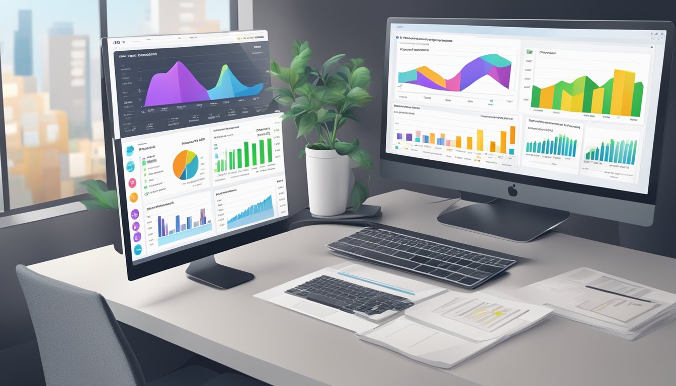 En dataskjerm som viser et dataanalyse- og rapporteringsverktøy med et betalingsløsninggrensesnitt. Diagrammer og grafer viser finansielle data.