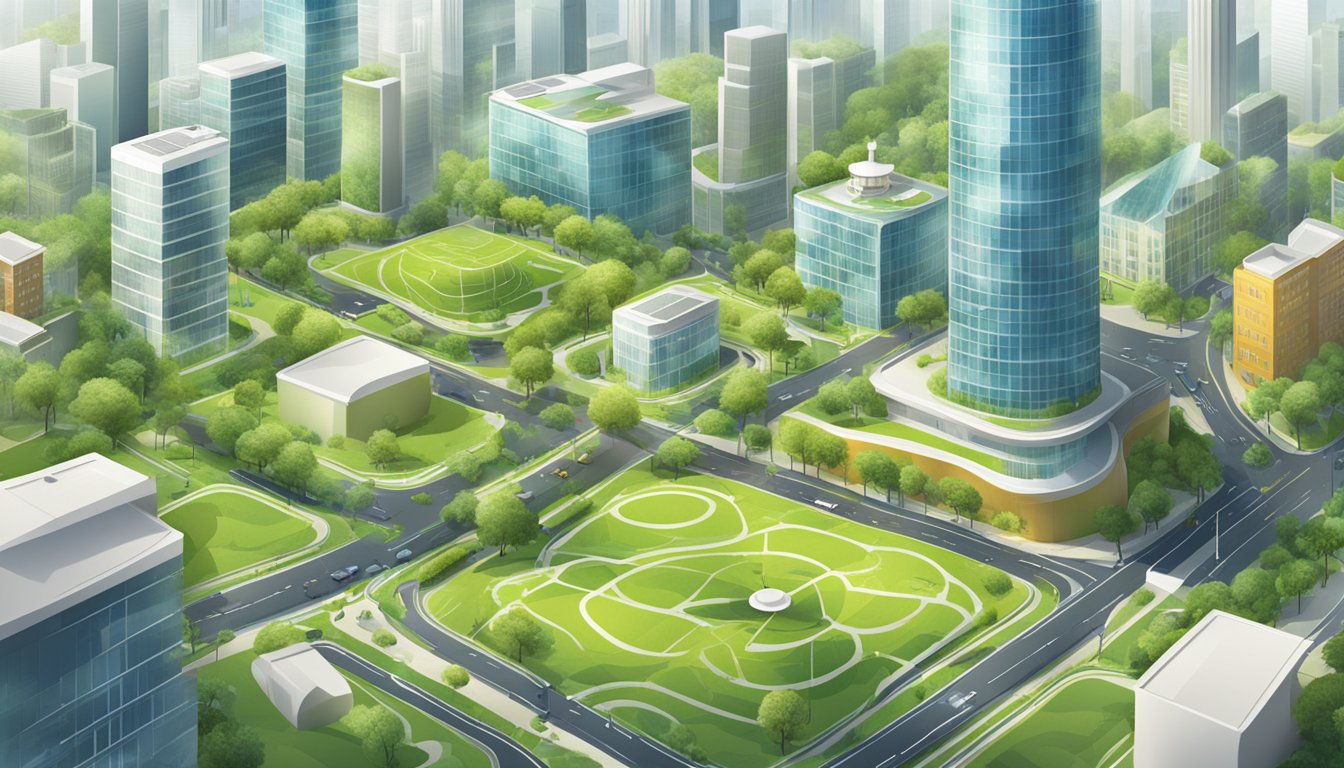 A bustling city with renewable energy sources and green spaces, showcasing social and environmental innovation
