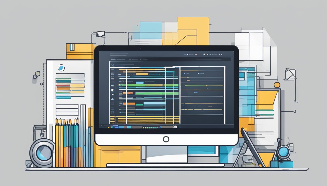 A computer screen displaying a nettsiden being built with various tools and elements such as code, images, and text