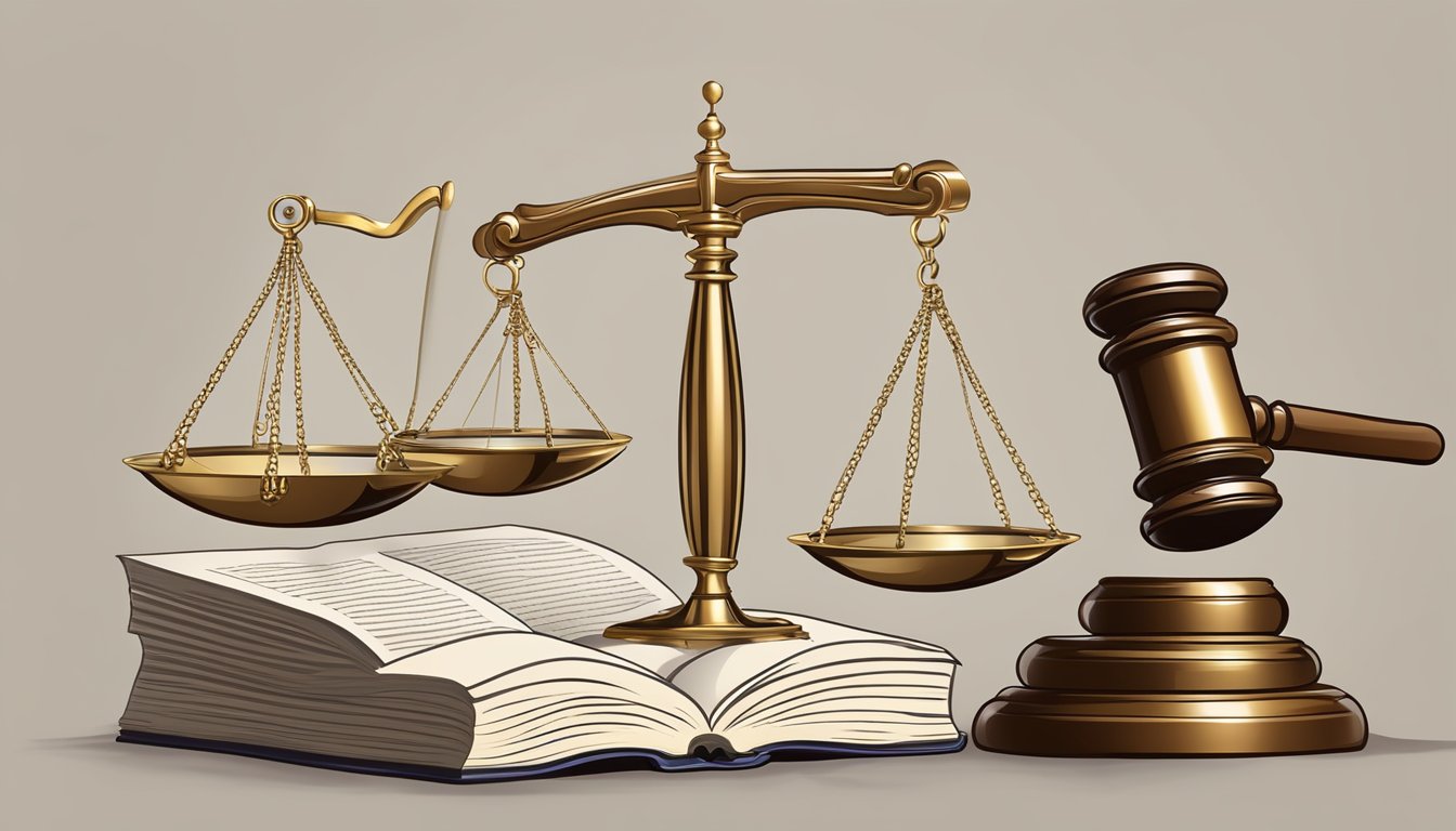 A scale balancing a gavel and a law book, with a magnifying glass examining legal text