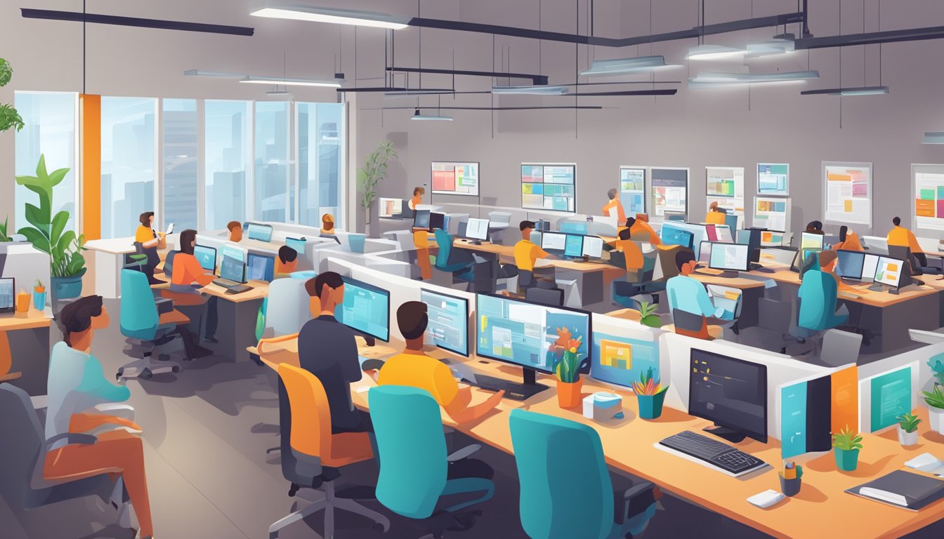A bustling advertising agency office with colorful posters, busy employees, and a wall of awards. Computer screens and brainstorming sessions fill the space