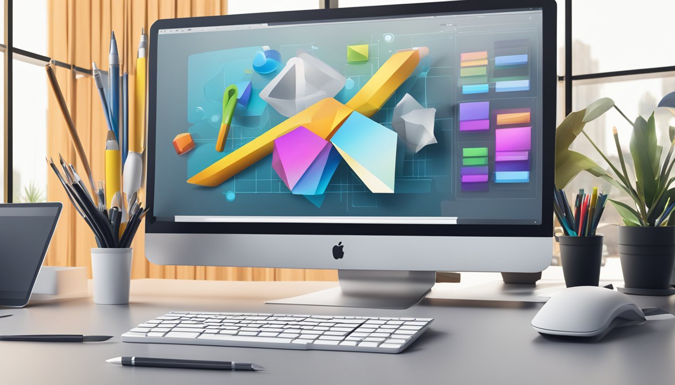 A modern, sleek logo being created on a computer screen, with various design elements and tools visible in the background