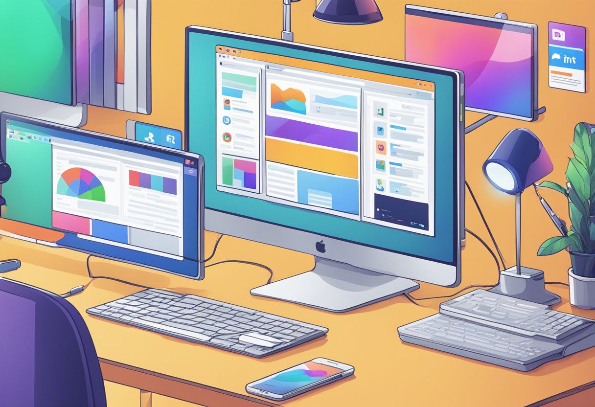 A computer with multiple screens displaying social media platforms and technology development tools