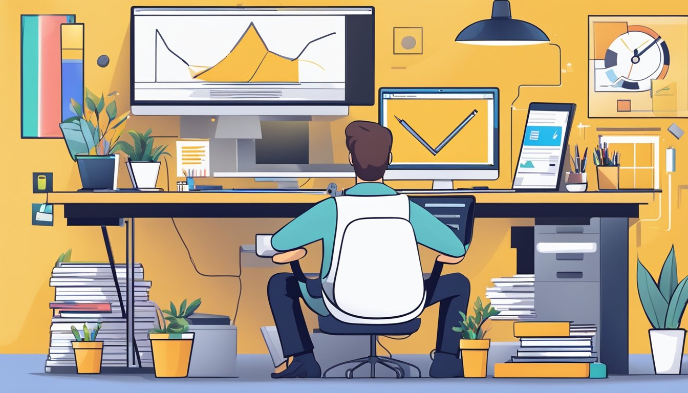 A graphic designer working on projects and workflow, surrounded by design tools and computer screens
