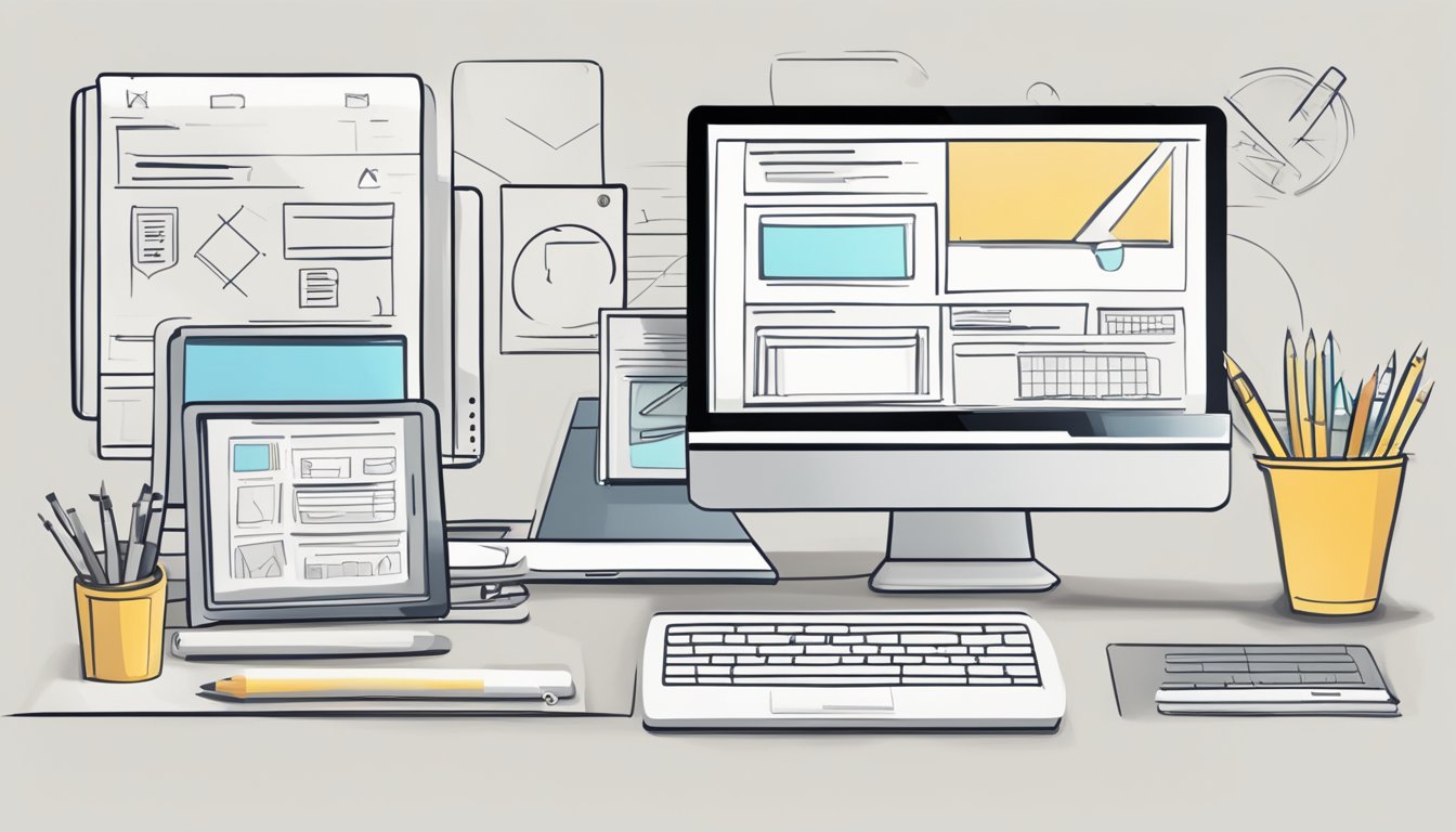 A computer screen displaying step-by-step logo design process for an online store. Tools like pencil, ruler, and computer are visible
