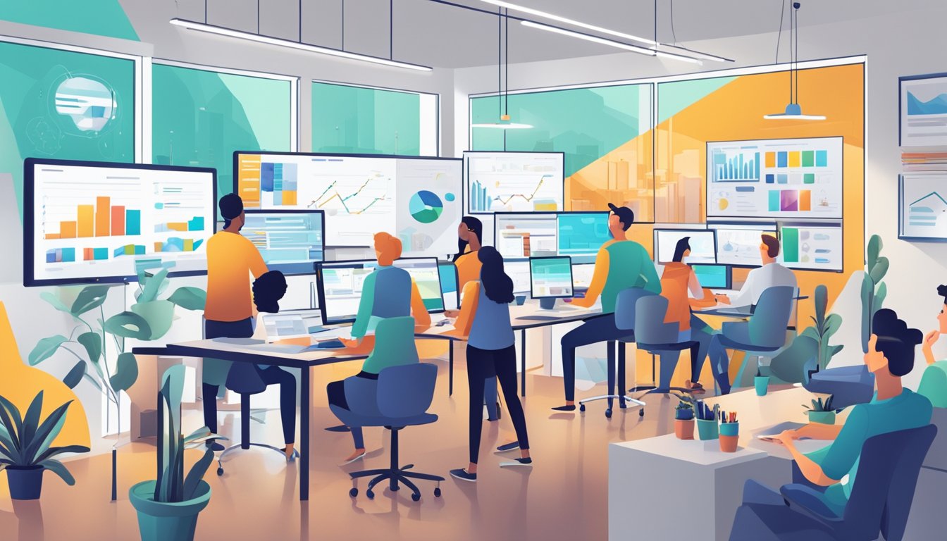 A busy marketing agency office with people collaborating, brainstorming, and working on various marketing trends and strategies. Computer screens, whiteboards, and colorful charts fill the space