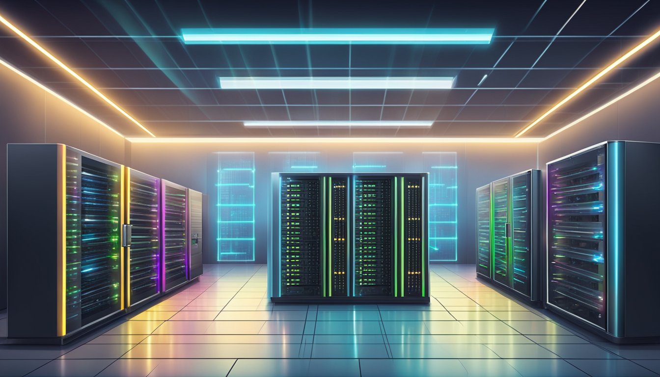 Et stilrent, moderne serverrom med rader av blinkende lys og summende maskiner, som symboliserer høyytelses webhosting-tjenester