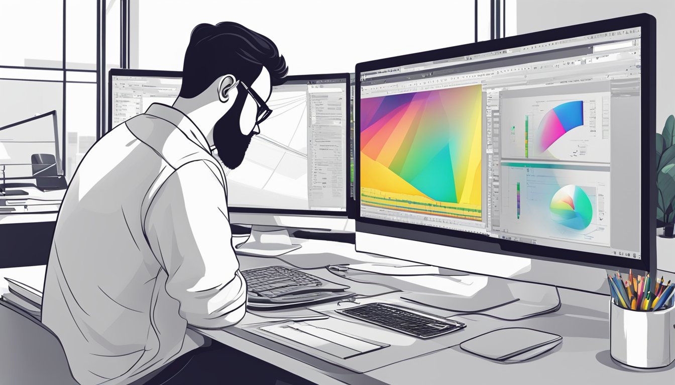 A graphic designer creating digital designs on a computer with various design software tools and a stylus pen