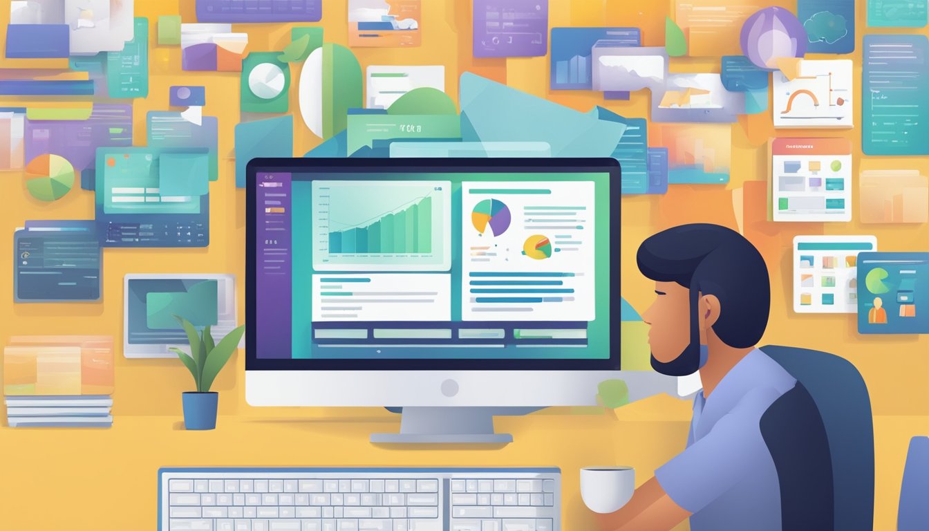 A digital marketing agency, focusing on customer understanding and target audience adaptation. The scene could include a computer with various demographic data displayed, and marketing materials tailored to different customer segments