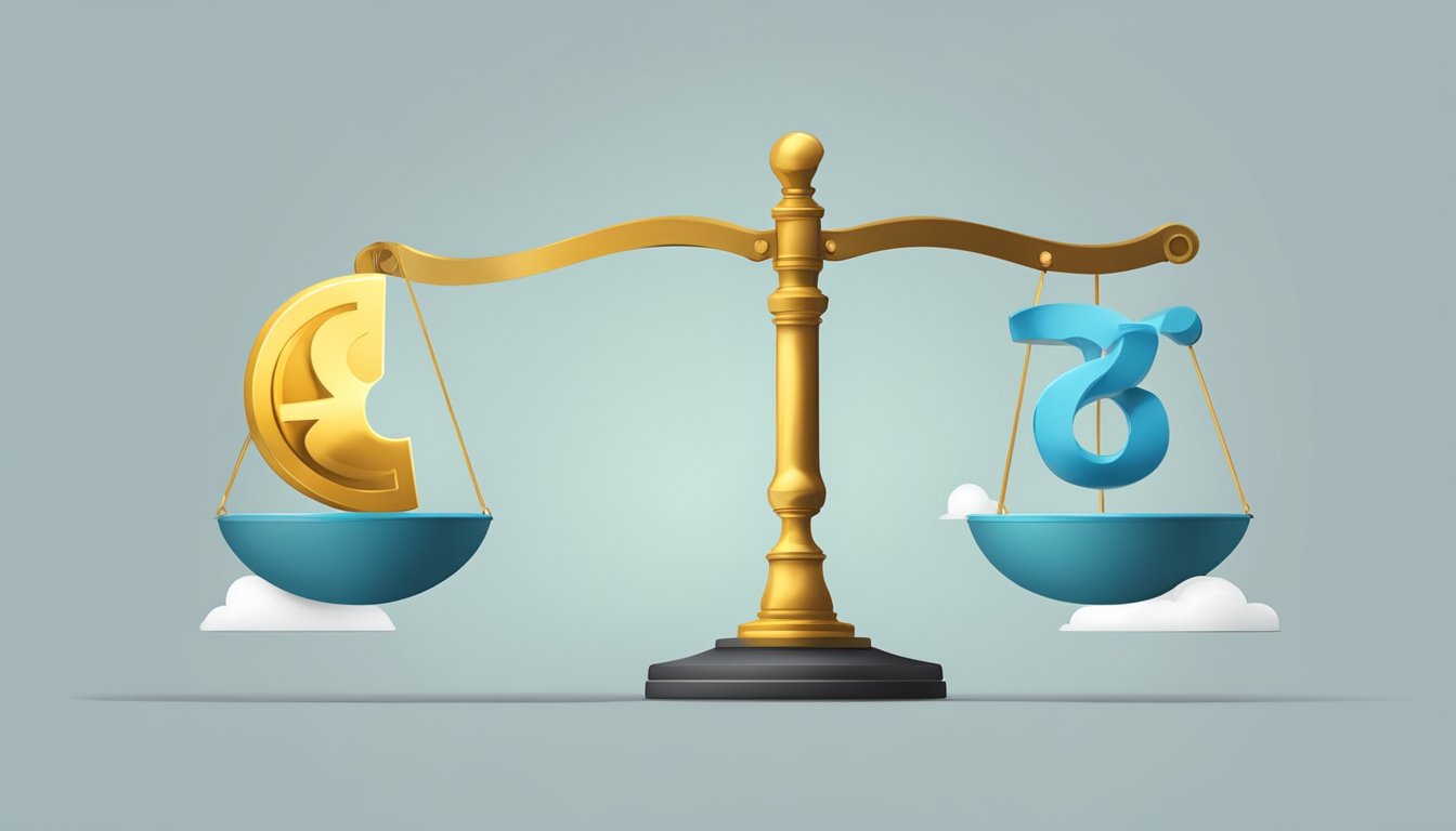 A scale balancing a copyright symbol and a shield, with a light bulb above