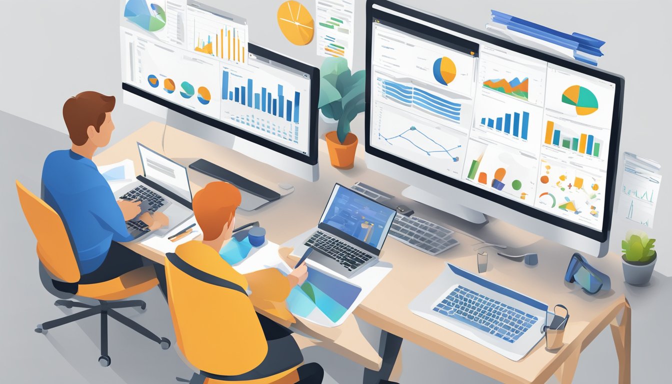 A computer screen displays Google Webmaster Tools with data and charts, while a person takes notes and strategizes