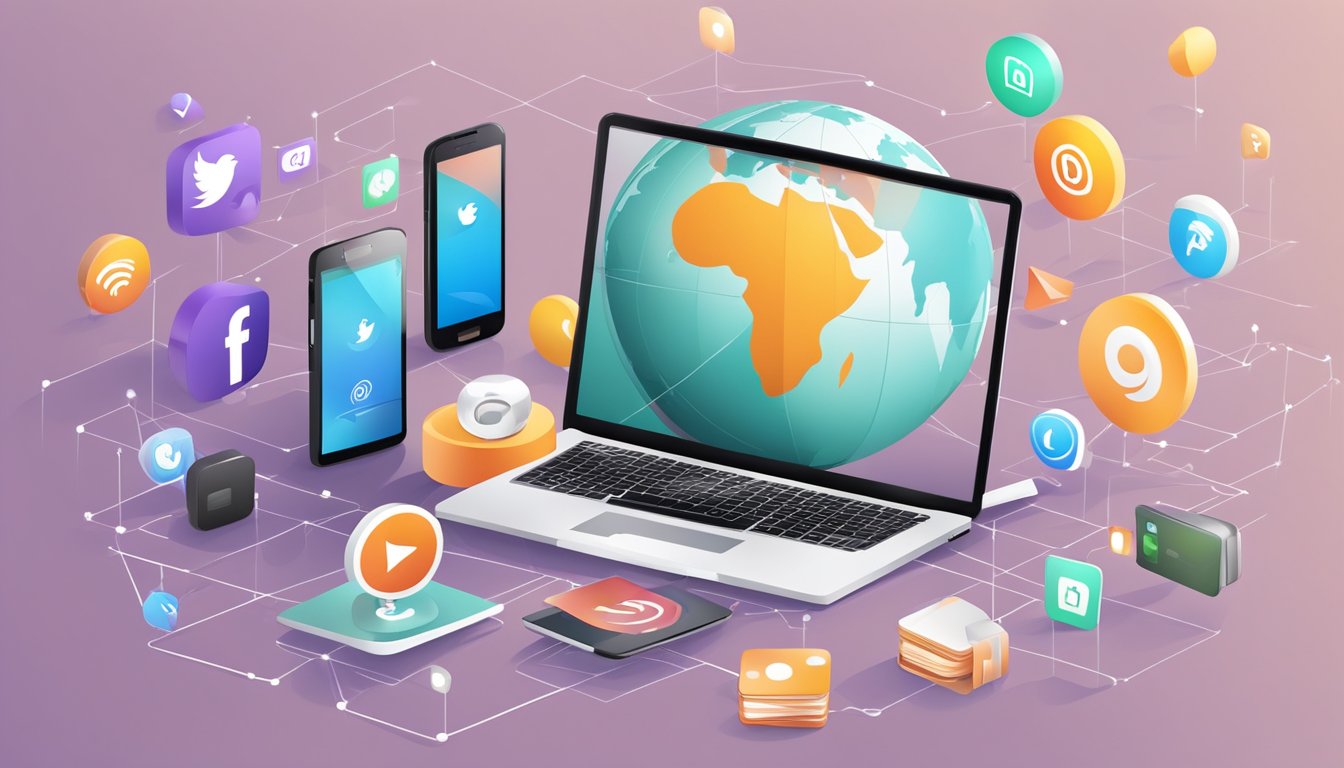 A laptop and smartphone with social media icons, surrounded by digital networking symbols and a globe