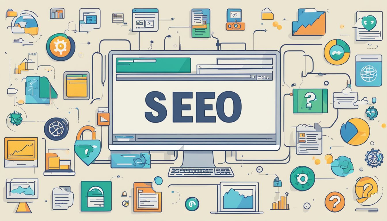A computer screen displaying a webpage with the title "Frequently Asked Questions SEO" surrounded by various search engine optimization icons and graphics