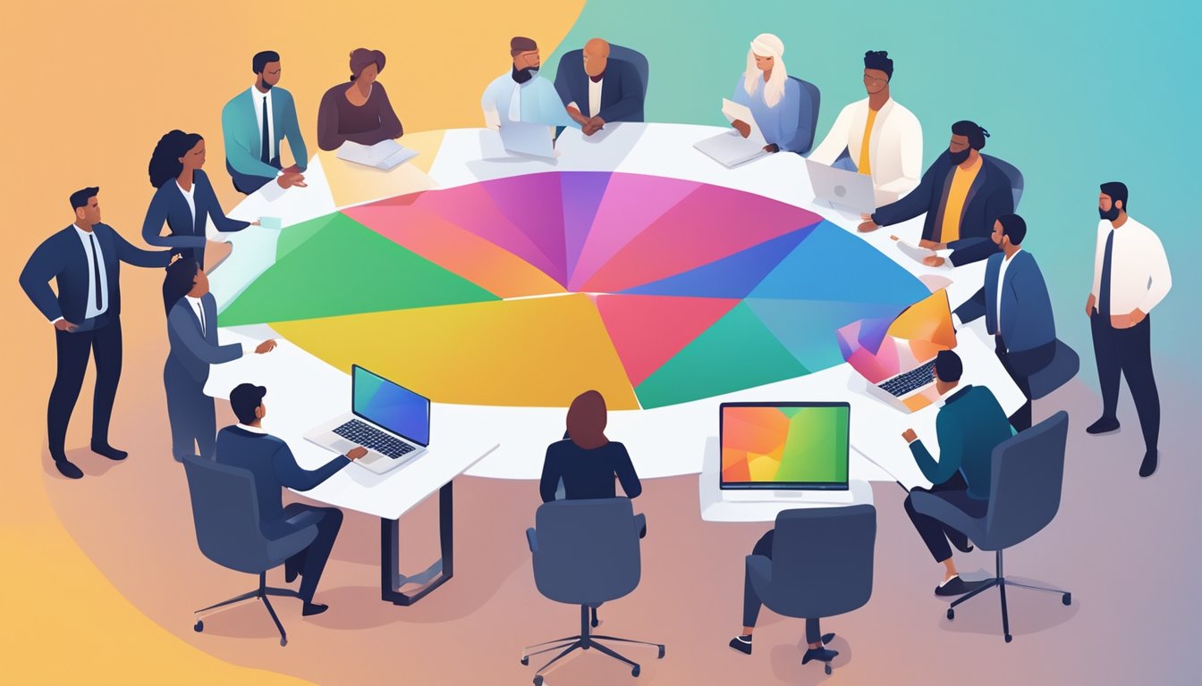 En gruppe av ulike fagfolk samarbeider rundt et digitalt grensesnitt, hvor de brainstormer og strategiserer for forretningsutvikling og endringsledelse.