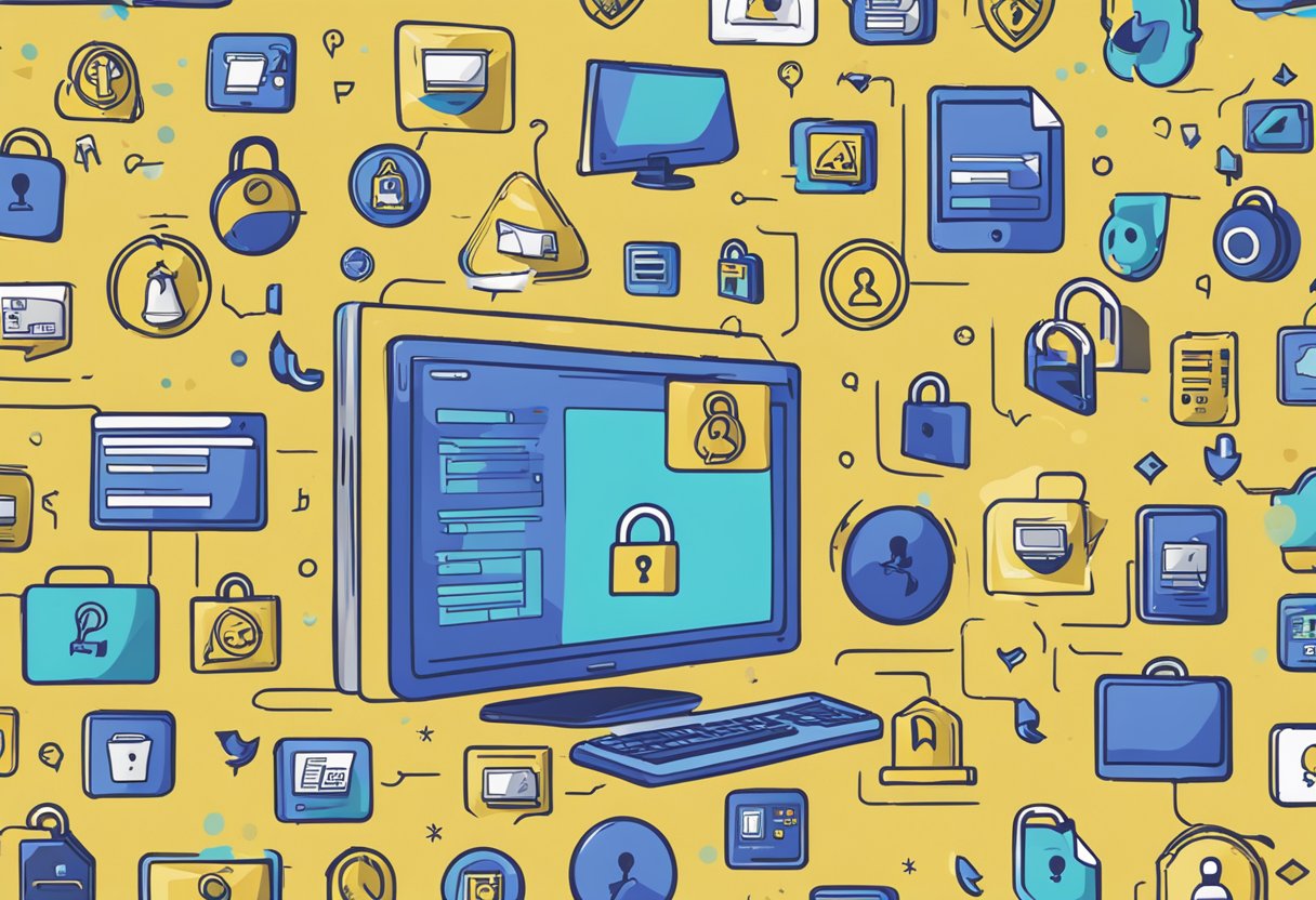 A computer screen with social media icons and a padlock symbol, surrounded by warning signs and caution tape