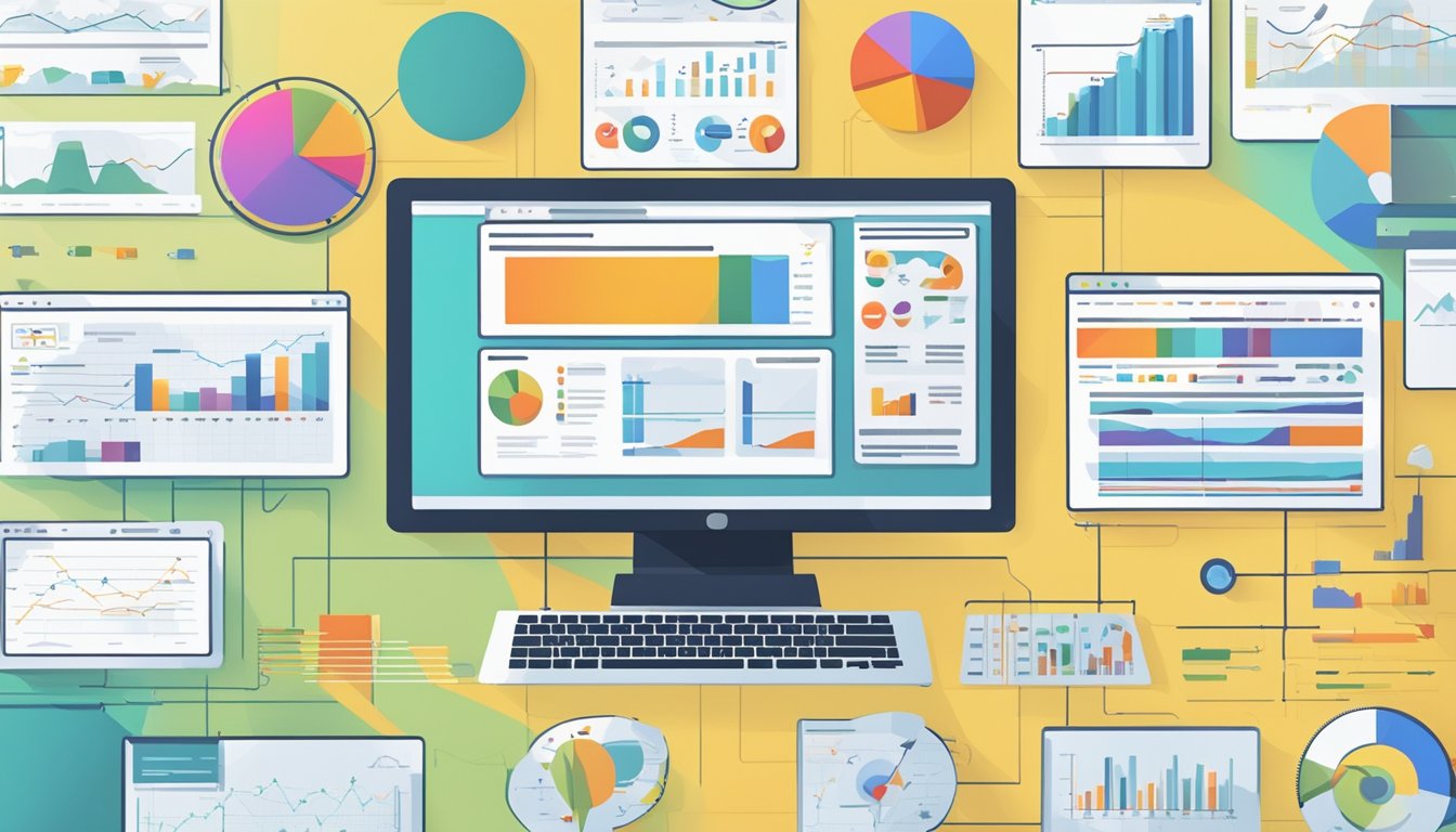 En dataskjerm som viser en teknisk SEO-strategi med diagrammer, grafer og nøkkelord