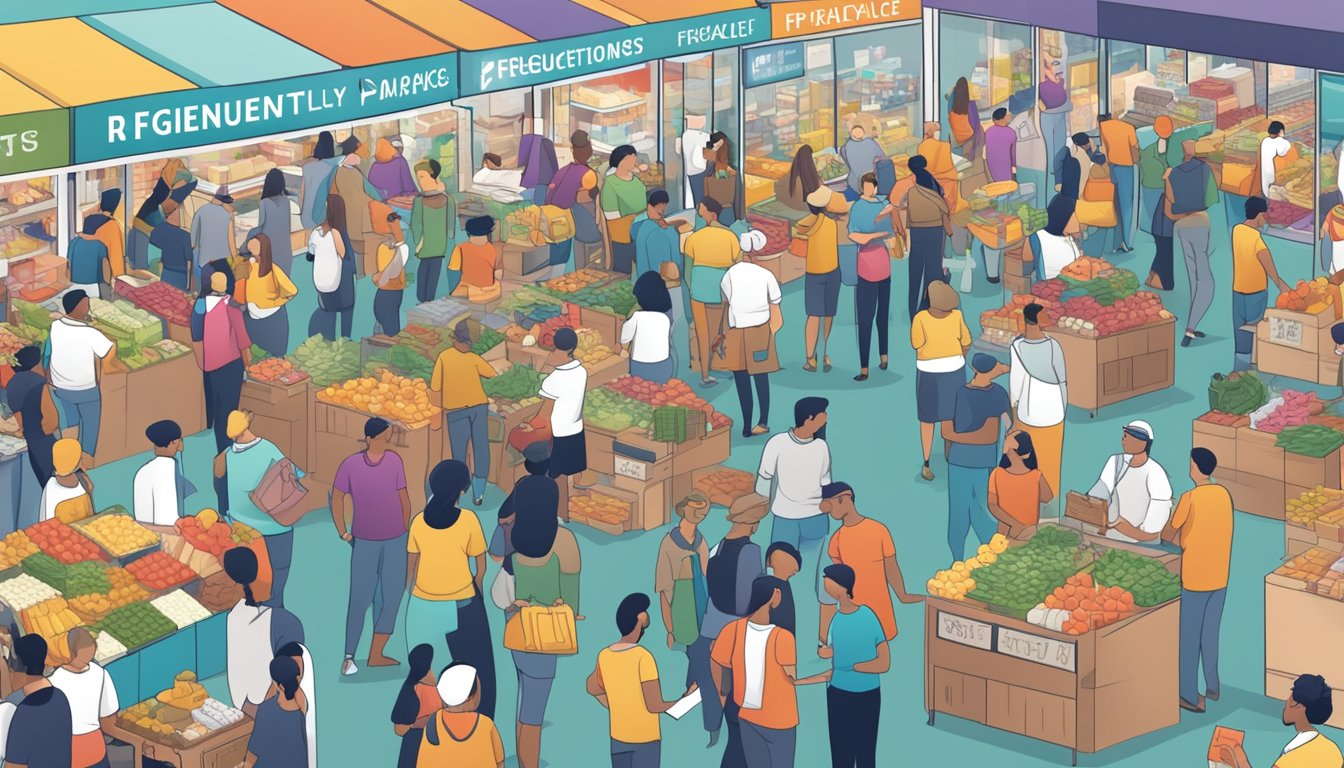 A crowded marketplace with vendors and customers interacting, signs and banners with "Frequently Asked Questions" and various products on display