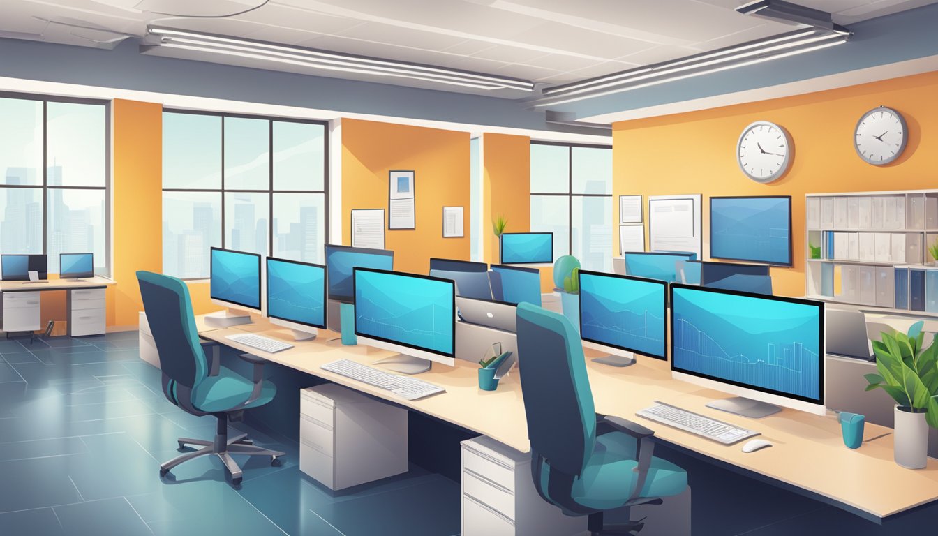 A modern office space with computer screens, charts, and digital marketing materials