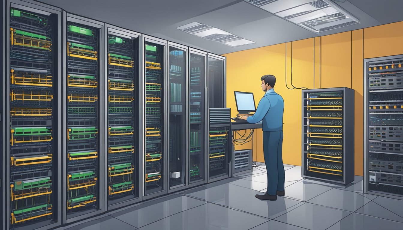 Et serverrom med rader av pent organiserte datamaskinservere og kabler, med en tekniker som arbeider med et sikkerhetskopierings- og gjenopprettingssystem