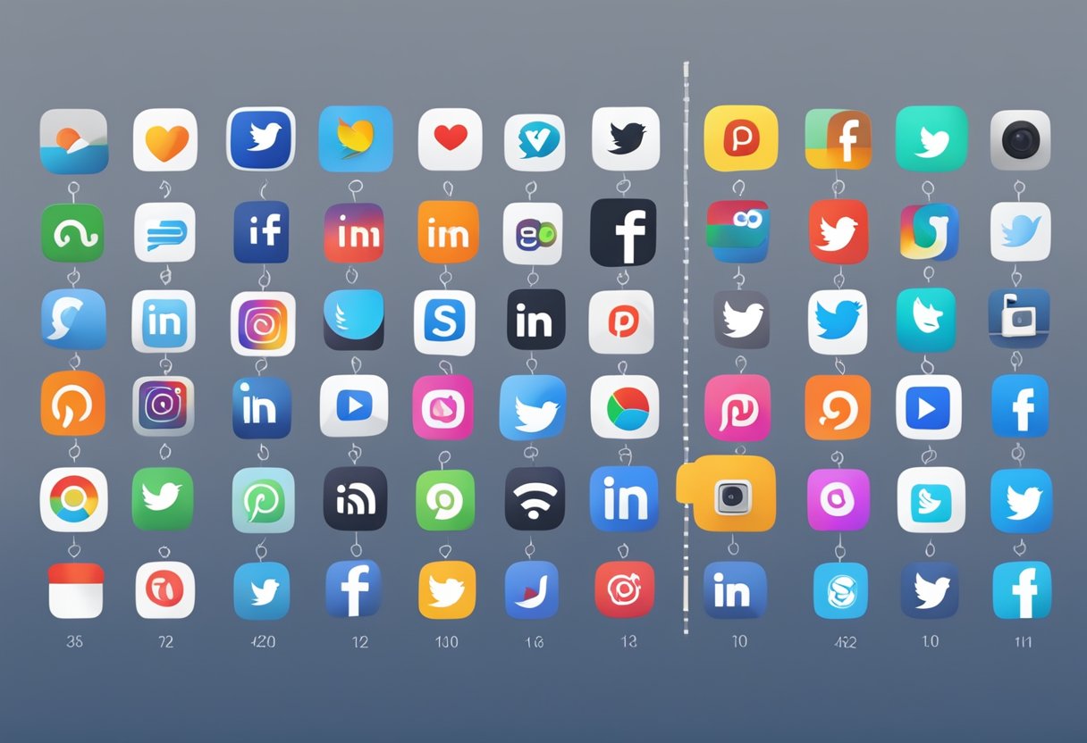 A timeline of social media platforms from early internet to present day, with logos and icons representing each platform