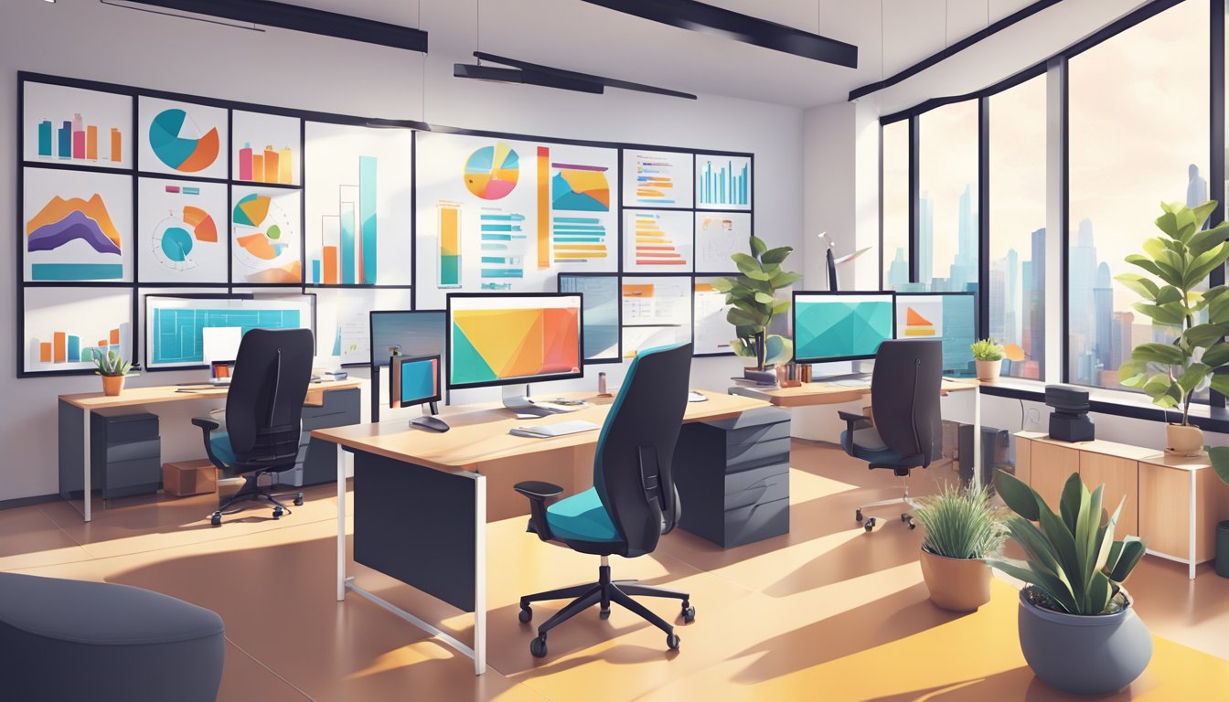 A modern markedsføringsbyrå office with sleek furniture, bright natural light, and a wall covered in colorful charts and graphs