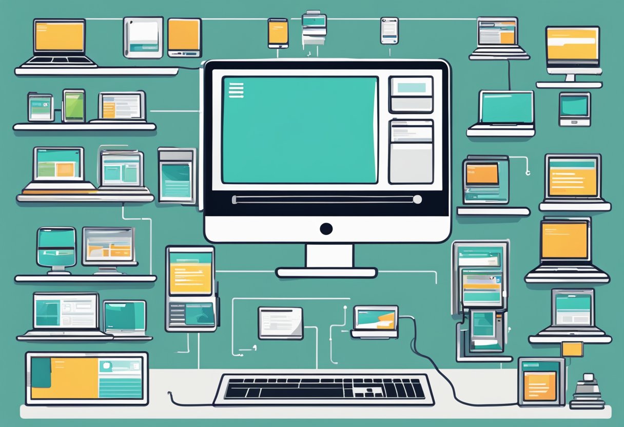 A computer screen displaying the evolution of an online store, from its inception to its current state, with various website layouts and logos