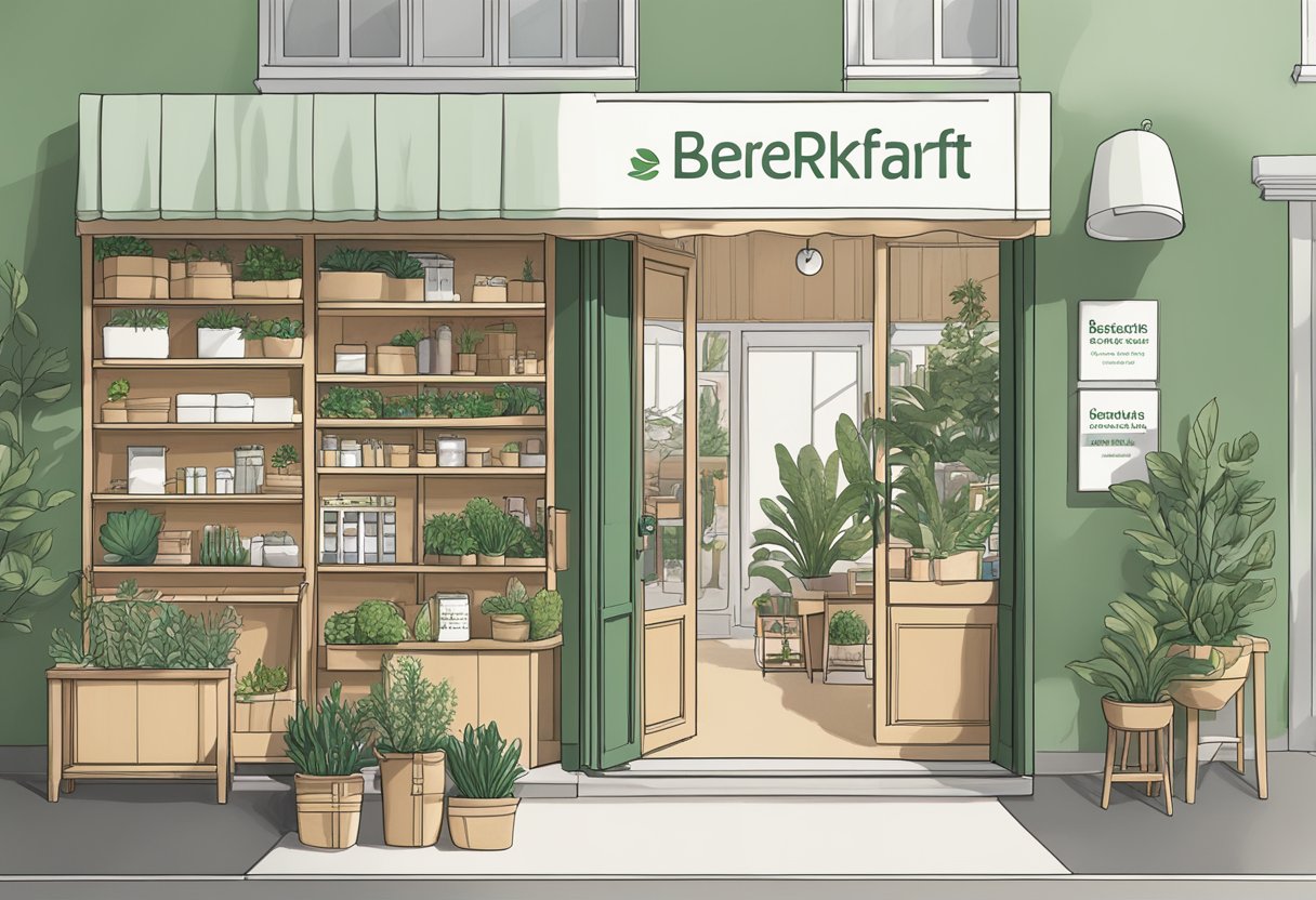 A sustainable and ethical online store with eco-friendly products displayed on shelves and a prominent "Bærekraft og Etikk nettbutikk" sign above the entrance