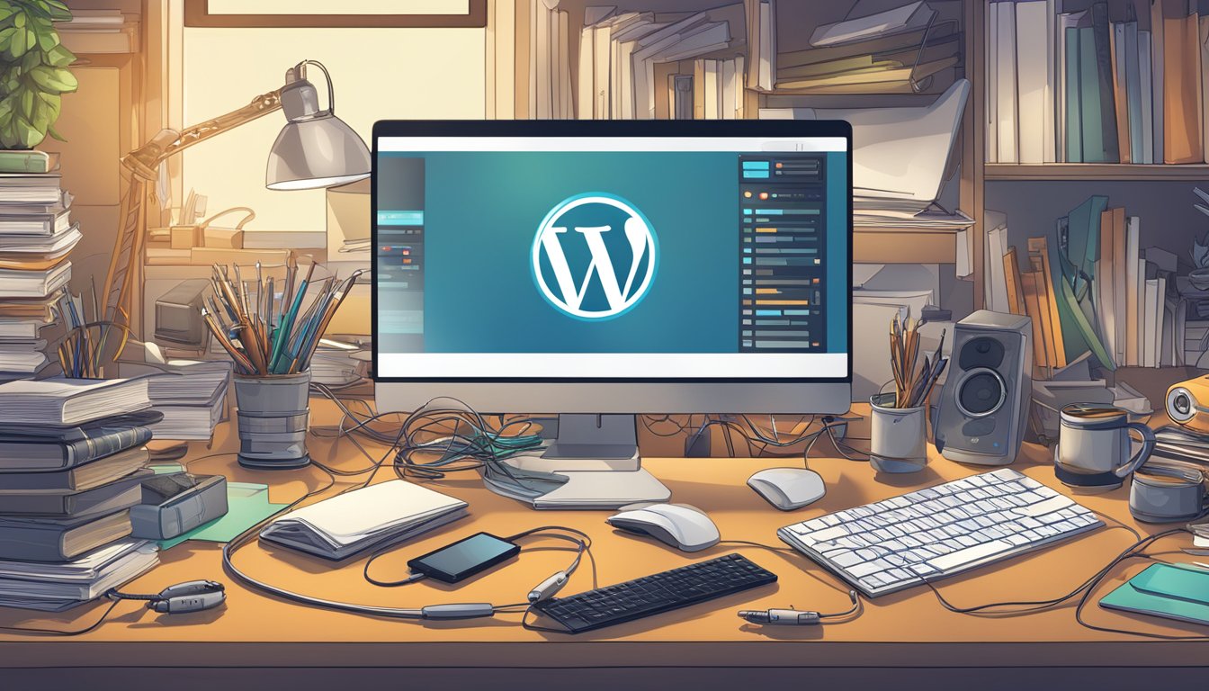 Et rotete skrivebord med forskjellige verktøy og datakabler, omgitt av åpne bøker og en bærbar datamaskin som viser WordPress-plugins